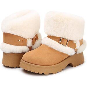 Women's Furry Fuzzy Snow Winter Buckle Block Heels Booties Light Brown Shoes